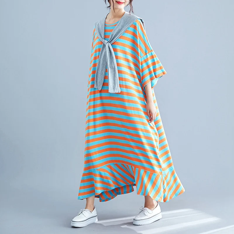 Осенние новые большие размеры 8XL 9XL 10XL бюст 155 см Свободные Поддельные Две Длинные повседневные полосатые рыбий хвост платье - Цвет: Многоцветный