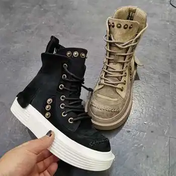 

Women's boots 2020 autumn and winter new nubuck leather canvas lace-up platform casual large size women's short boots