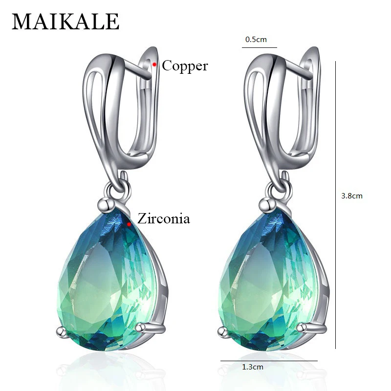 MAIKALE New Water Drop Gradient Blue Long Earrings Women Fashion Rose Gold Fine Jewelry Tourmaline Zircon Glass Dangle Earrings