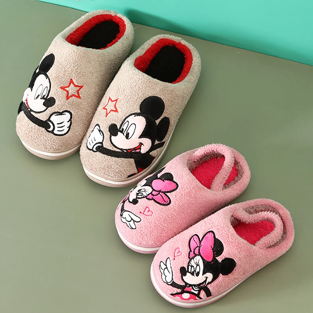 Disney Mickey Minnie Mouse Boys Girls Home Cotton Slippers For Children Cartoon Falt Indoor Shoes Kids Warm Soft Winter Slipper