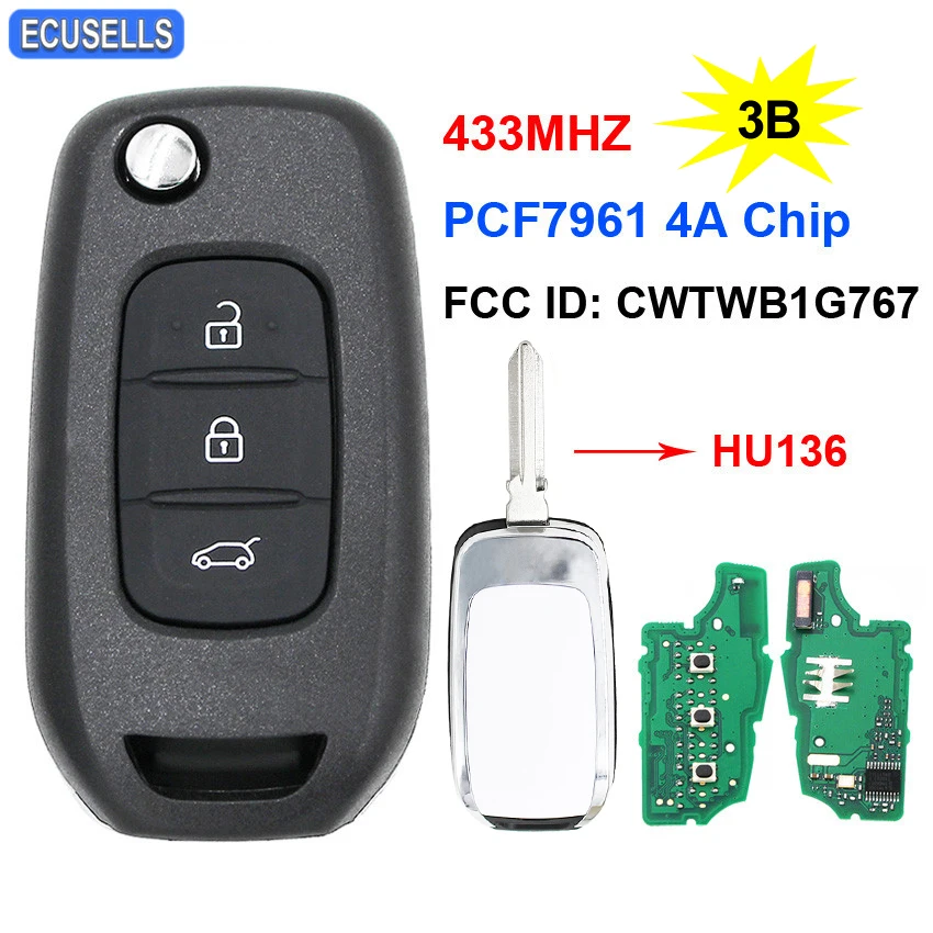 3 кнопки дистанционного ключа 433 МГц PCF7961 4A чип FCC ID: CWTWB1G767 для Renault Kadjar Captur Symbol Megane 3 2013- HU136