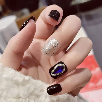 

24pcs/boxed Short size Ocean Heart fake nails with design Finished Products Wearing full cover acrylic artificial nail with glue