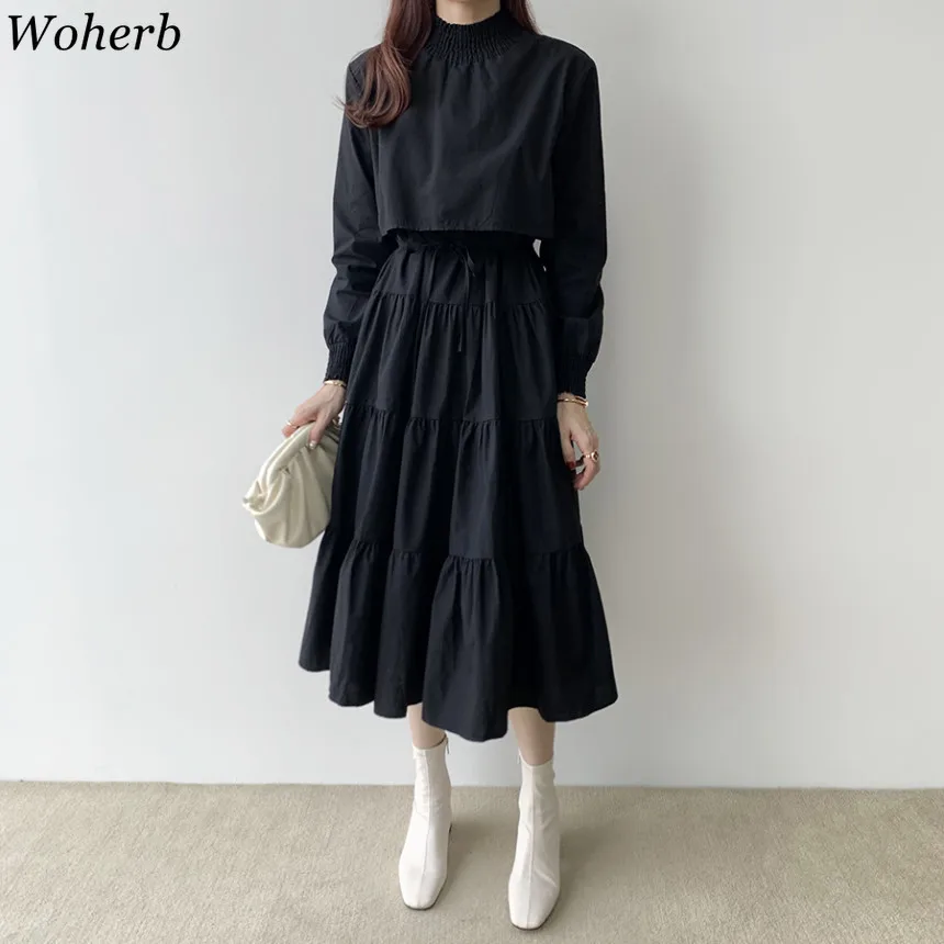 

Woherb Turtleneck Long Sleeve Dress Women Pleated Casual Dresses Korean New