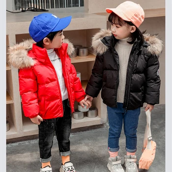 

New winter children's big fur collar down jacket for men and women, big boy baby solid color thick short jacket children