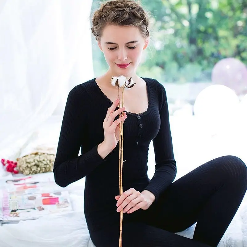 

Cotton Sexy Lace Thermal Underwear Sets for Women Winter Warm Long Johns Body Shaper Sleepwear Slim Intimate Pajamas Set Pyjamas