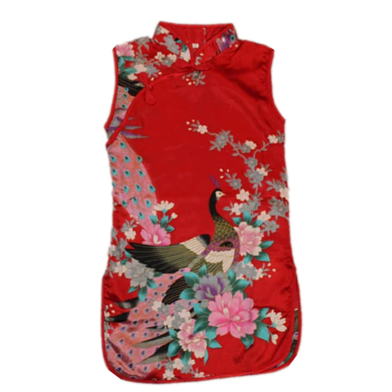 От 2 до 8 лет цельнокроеное платье Ципао без рукавов в стиле ретро с рисунком павлина для маленьких девочек