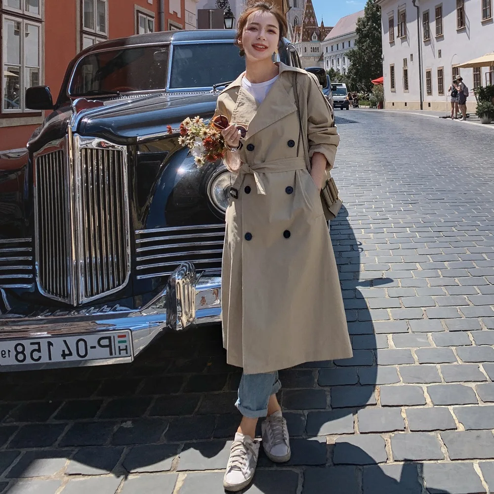 

Photo Shoot Fashionable Fold-down Collar Long Coat 2019 Autumn New Style WOMEN'S Dress Retro Laziness-Style Double Breasted King