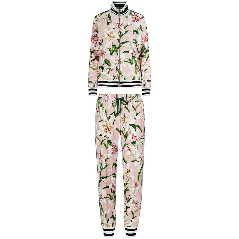 

HUAYIMENGYI 2 Piece Set Autumn Women Casual Suit Lily Print Coat with Ankle Length Pant Ninth Pants Fashion Full Slleve Coat