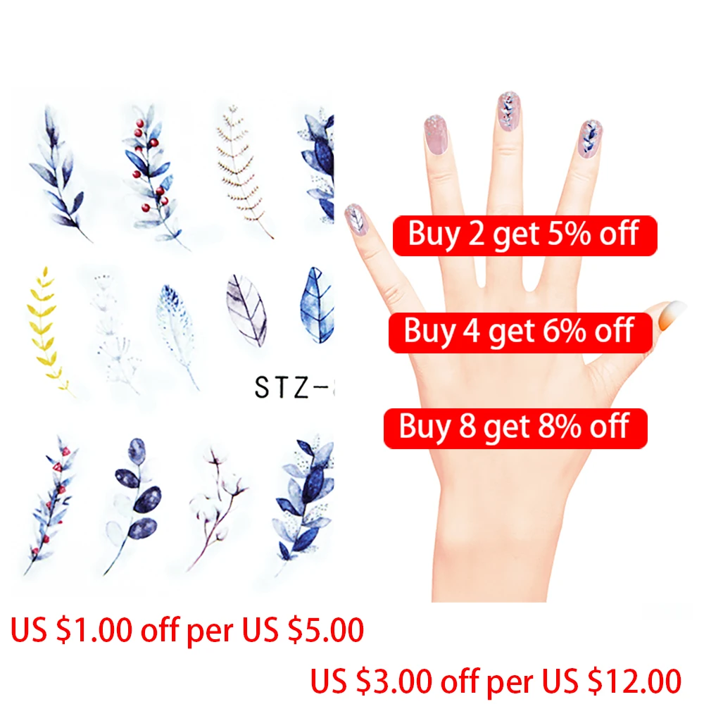 Nail Stickers Sliders For Nails For Manicure Decor Nails Set Nail Design Sliders Flower Leaf Tree Green Nail Art Watermark Decal
