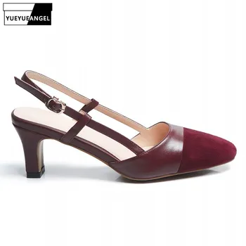 

Elegant High Heel Sandals Women Summer Buckle Square Toe Thick Heel Sandals Fashion Solid Color Party Real Leather Sandals Shoes