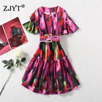 

Summer Runway Dress Women High Quality 2020 New Fashion Short Sleeve Fancy Color Print Mini Dress with Belt Party Vestidos