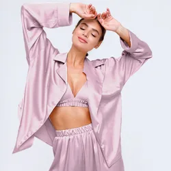 Solid Loose Female Pajamas Satin Turndown Collar Long Sleeve Pocket 2 Piece Set Pants Homewear Silk Sleepwear Suits