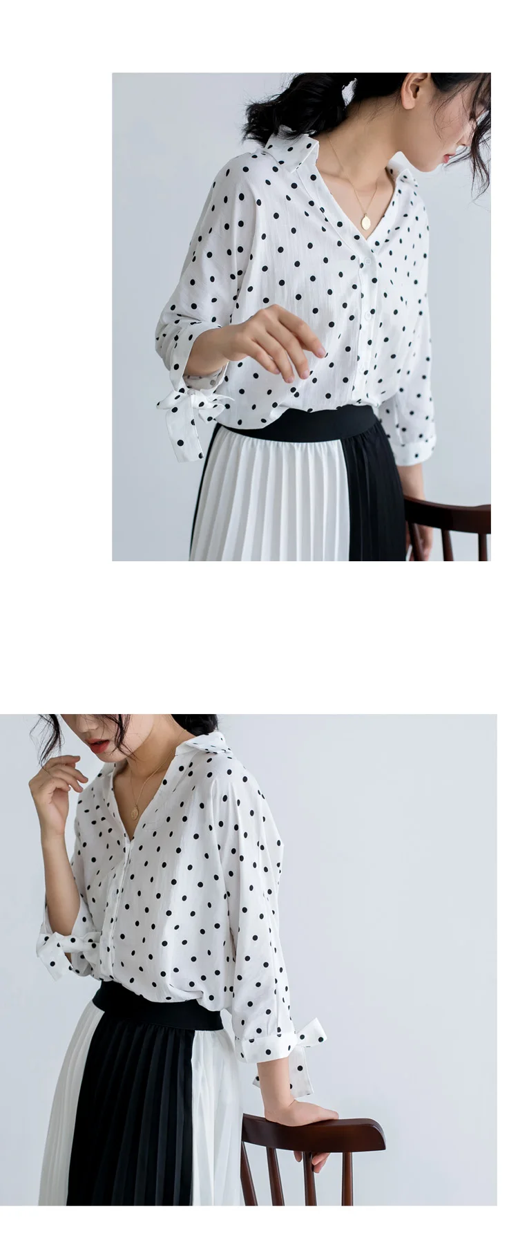 Blusas Mujer, новинка, кардиган в горошек с длинным рукавом, шифоновая, белая, синяя, женская рубашка, повседневная, свободная, с v-образным вырезом, женская блузка 5261 50