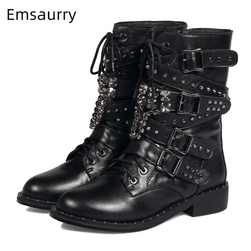 

Cool Metal Buckle Motorcycle Boots Woman Round Toe Low Square Heel Cross Lace Up Outside Bottes Slim Mid Calf Boots Woman Mujer