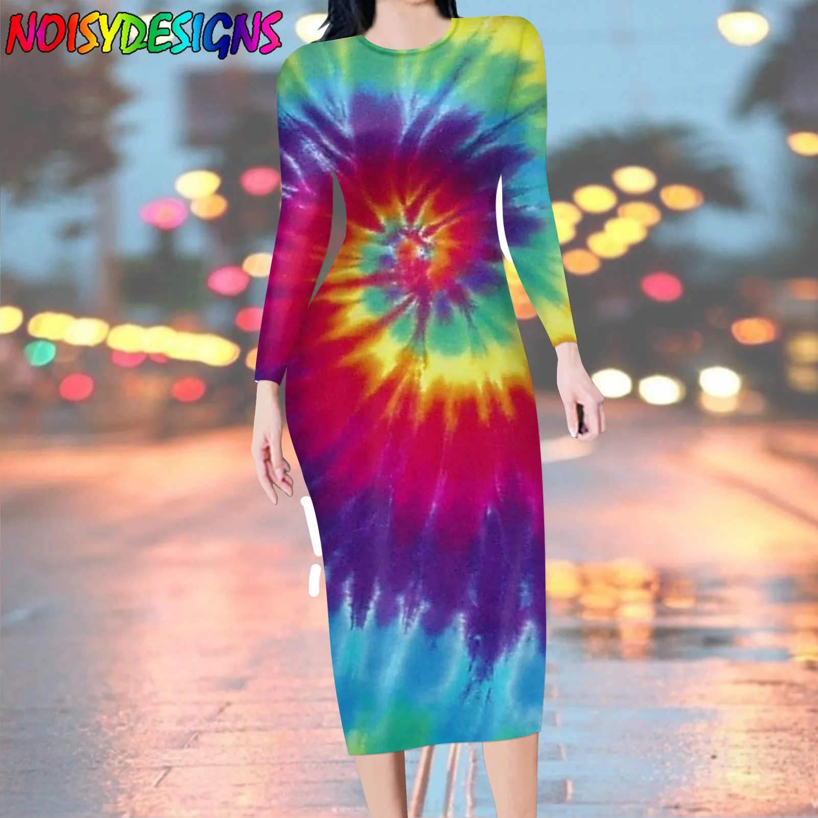 

NOISYDESIGNS New Women Pencil Dress Autumn Long Sleeve O-Neck Elegant Lady Bodycon Dress Tie dye Designs Party Dresses Vestios