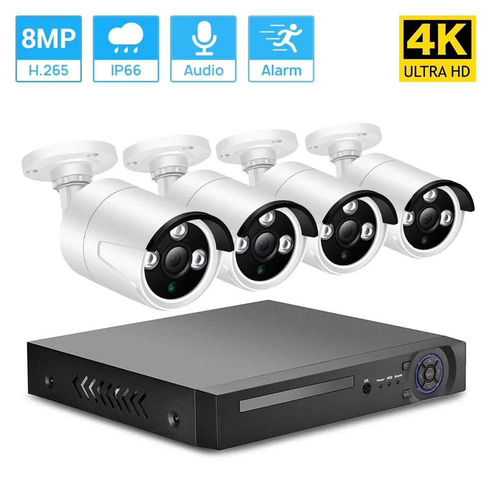 4K POE NVR Kit 2.8MM Lens Waterproof Outdoor 48V POE Camera Audio Record Motion Detection ONVIF H.265 CCTV Security System