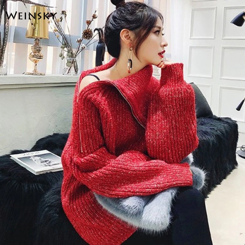 

Women Turtleneck Knitted Sweater And Pullovers Korean Fashion Female Zipper Sweaters 2019 Autumn And Winter New Tops