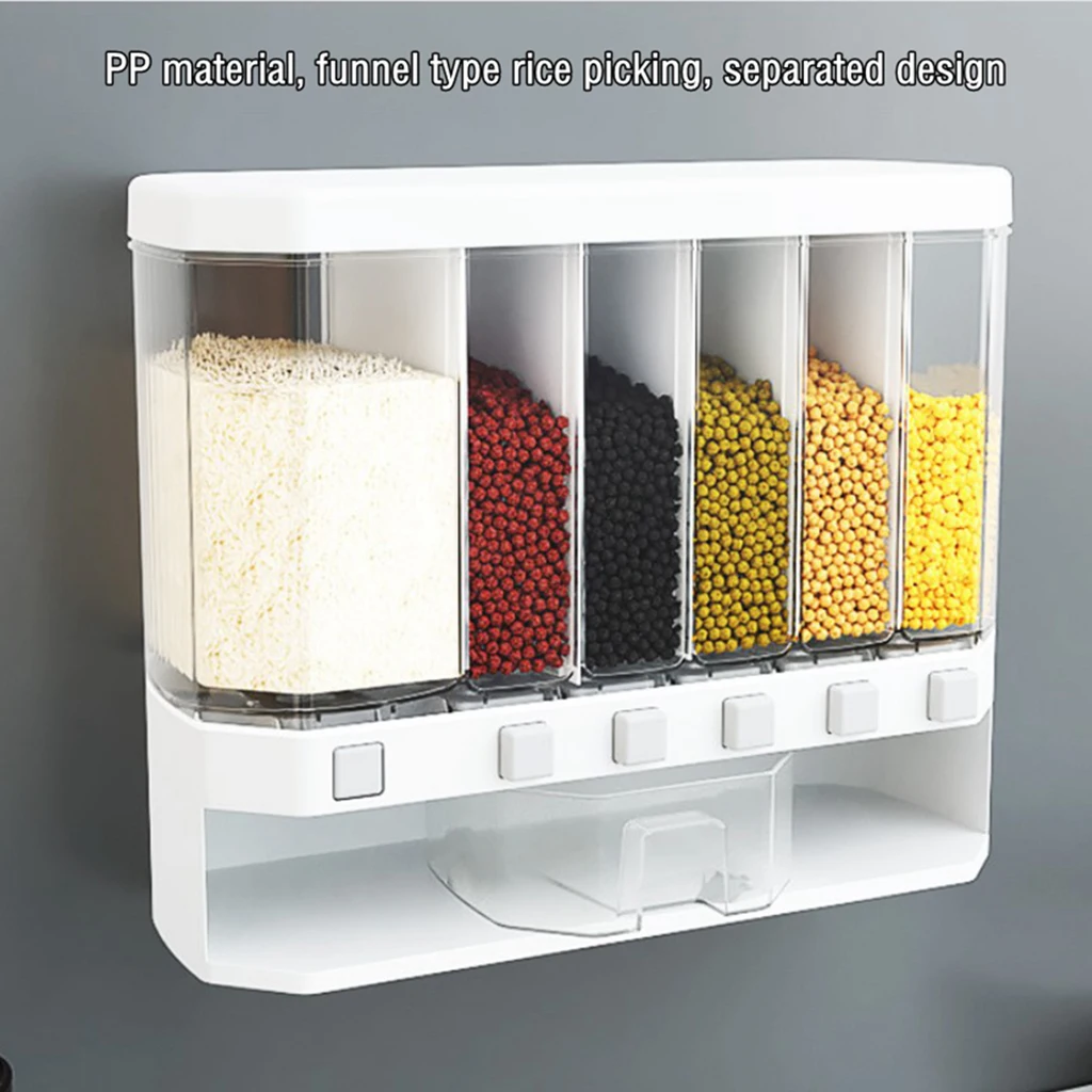 6 in 1 Wall-Mounted Cereals Dispenser Press Grain Storage Tank Dry Food Organizer Rice Dispenser for Home and Kitchen
