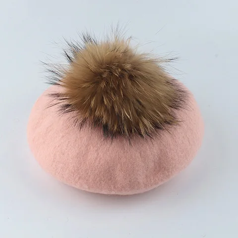 Розовый Осень-зима, шерсть, женский берет, шапка 15 см, большой натуральный мех енота, шапка с помпоном для мамы и девочки, шапка с тыквой для женщин - Цвет: Розовый