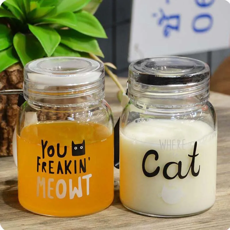 Water Bottle 300ml Leak-proof Student Creative Cat Bottle Glass Letter Water Bottles Portable Kettle Outdoor Yoga Gym Bottle