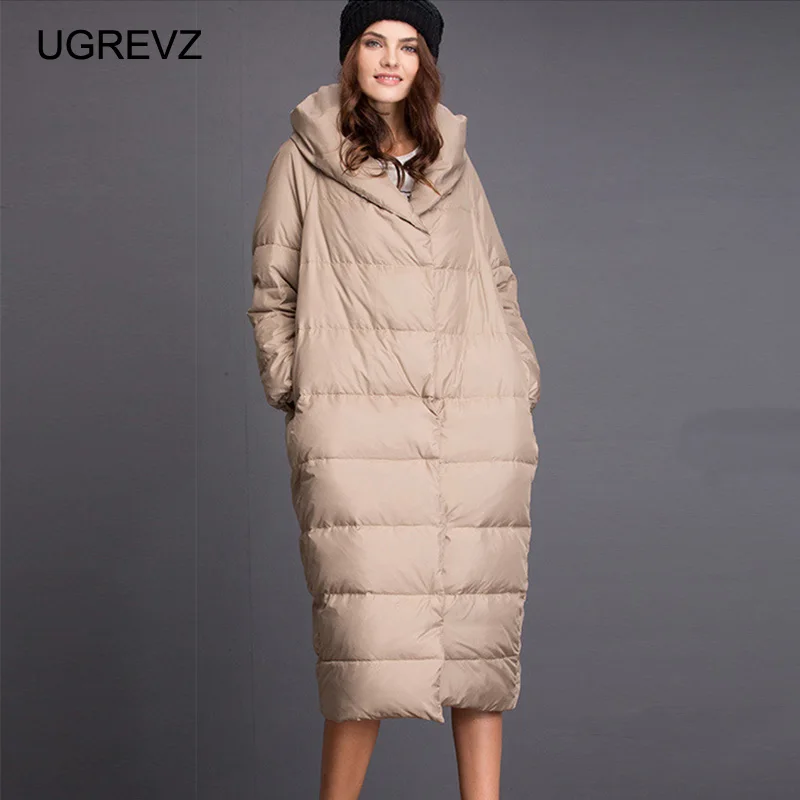 YR0004Khaki UGREVZ новая осенне-зимняя женская пуховая куртка элегантная однотонная Длинная женская парка на утином пуху Женская Толстая теплая верхняя одежда с капюшоном плюс размер - Цвет: YR0004Khaki