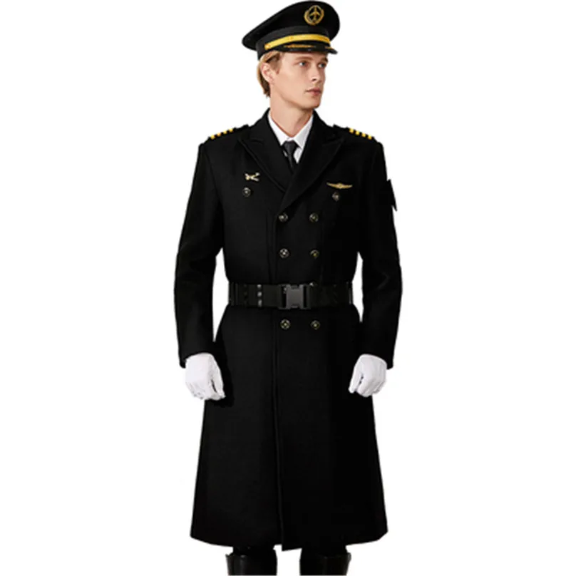 Pilot Captain Black Woollen Long Coat Winter Thick Aviation Clothes Noble Military Uniform For Army Officer Work Cosplay Show |