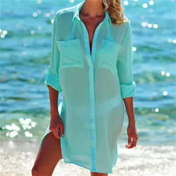 

Women New Long Bikinis Cover Ups Lady Chiffon Shirts Kimono Pocket Loose Shirt Swimwear Summer See Through Beach Blouses Covers