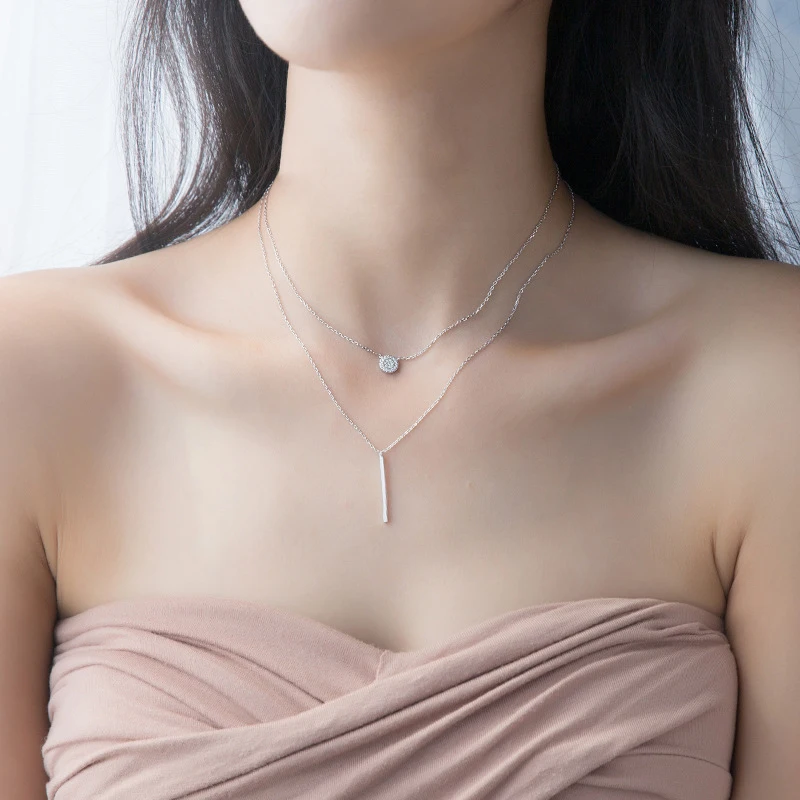 Modian Sterling Silver 925 Shining Zircon Disc Geometric Stick Pendant Necklace for Women Double Layer Necklaace Fine Jewelry