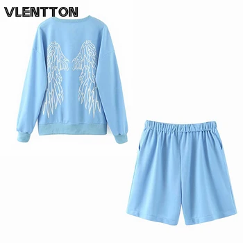 

2020 Spring Autumn Tracksuit 2 Piece Set Women Print Pullover Sweatshirt+Elastic Shorts Casual Loose Sporting Suits Female Tops
