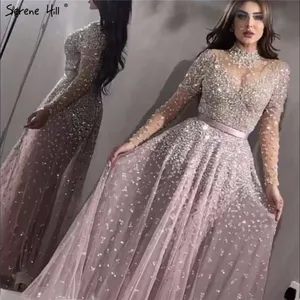 Serene Hill Pink A-Line High Collar Evening DressesLong Sleeves Sequined Sexy Formal  2022 For Women Wedding Party LA70066