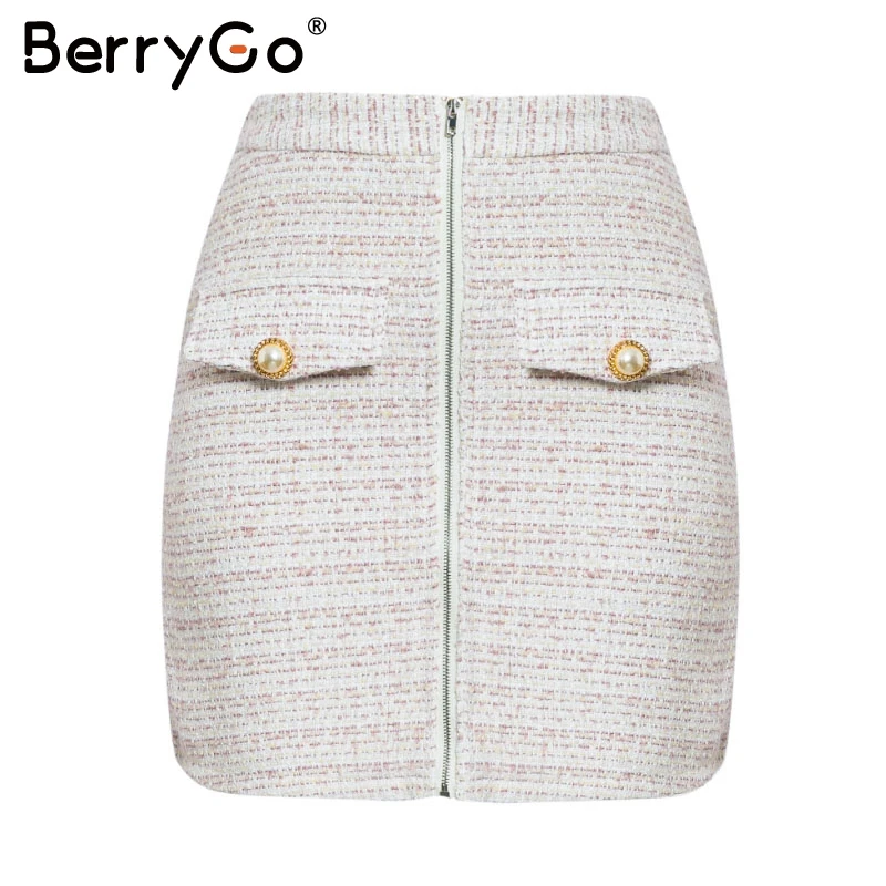 BerryGo Elegant office tweed warm faux fur Two-piece suits women Casual ladies Autumn winter fashion coat skirt two-pieces sets