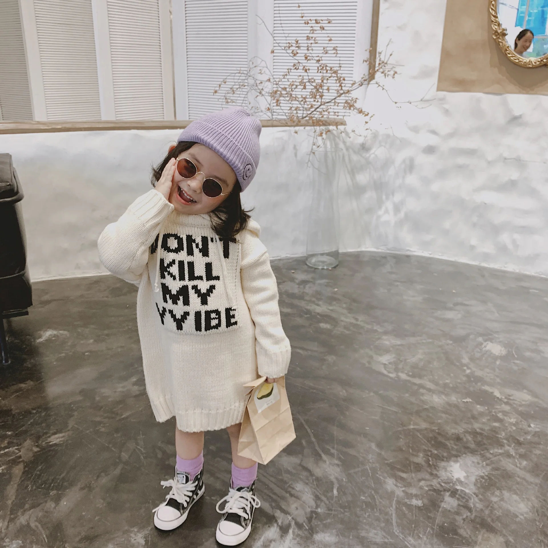 

2019 Autumn New Children Long Sleeve Cotton Knitted Sweater Dress Girls Letter Printing Hoodie Toddler Pullover Casual Clothing