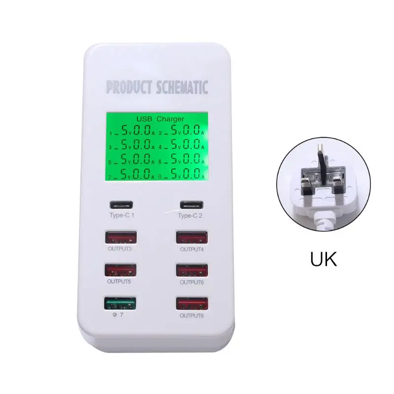 5V7A 8 портов USB быстрое зарядное устройство USB 3,0 Тип C ЖК-дисплей зарядка смарт-устройство для iPhone iPad samsung huawei блок питания - Тип штекера: UK