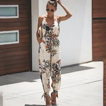 Пляжный комбинезон на тонких бретельках в стиле бохо с цветочным принтом, женское пляжное платье, комбинезон на бретелях, сексуальный комбинезон с v-образным вырезом, комбинезон с карманом, туники
