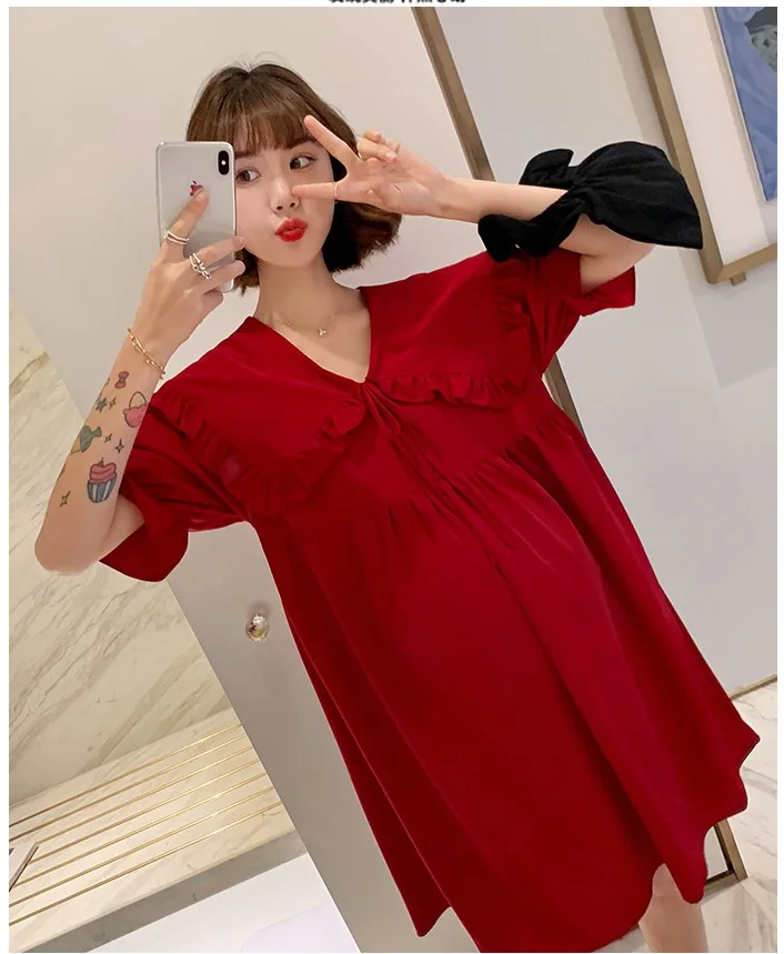Vestido de Maternidade Novo Verão Coreano Tamanho Grande Cor Sólida Lotus Leaf Collar Lapela Chiffon 9 Mamãe e Bebê