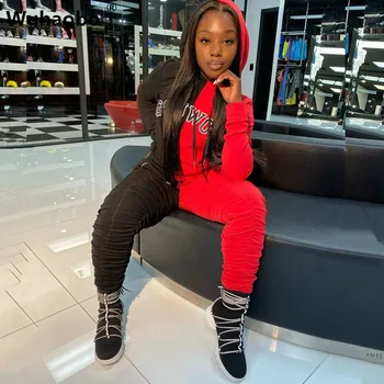 

Wuhaobo New Patchwork Color Women 2-piece Set 2020 Fashion Letter Embroidery Hooded Sweatshirts And Pleated Pants Sportswear Set