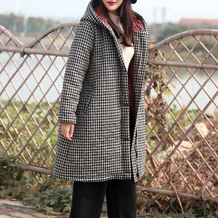 Зима, стиль, Ретро стиль, плед, хлопок, лен, с капюшоном, толстая, средней длины, с хлопковой подкладкой, одежда для женщин, хлопок, платье, пальто, четыре цвета