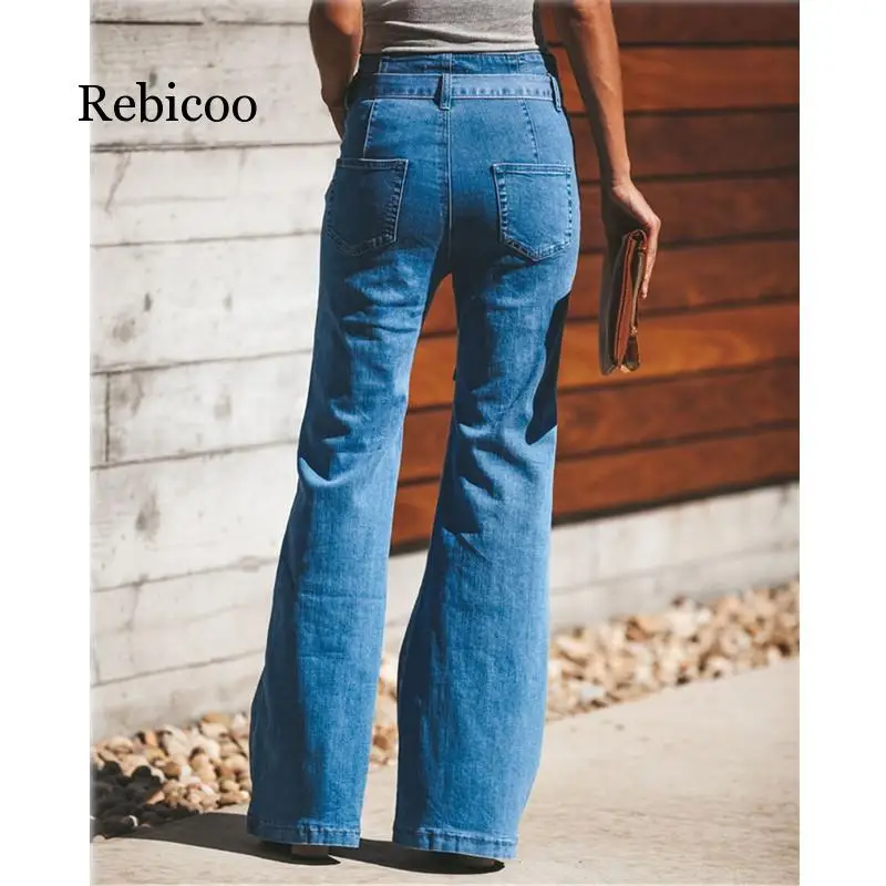 Синий с завязкой на талии женские джинсы клёш облегающие джинсовые брюки Винтаж одежда Весна Штаны с высокой посадкой поясом эластичные джинсы с широкими штанинами