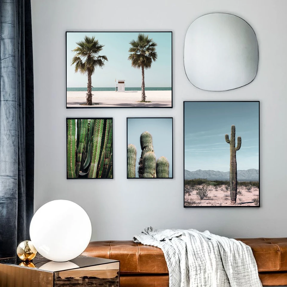 

Nordic Posters and Prints Sea Beach Cactus Palm Scenery Canvas Painting Wall Pictures for Living Room Modern Home Decoration