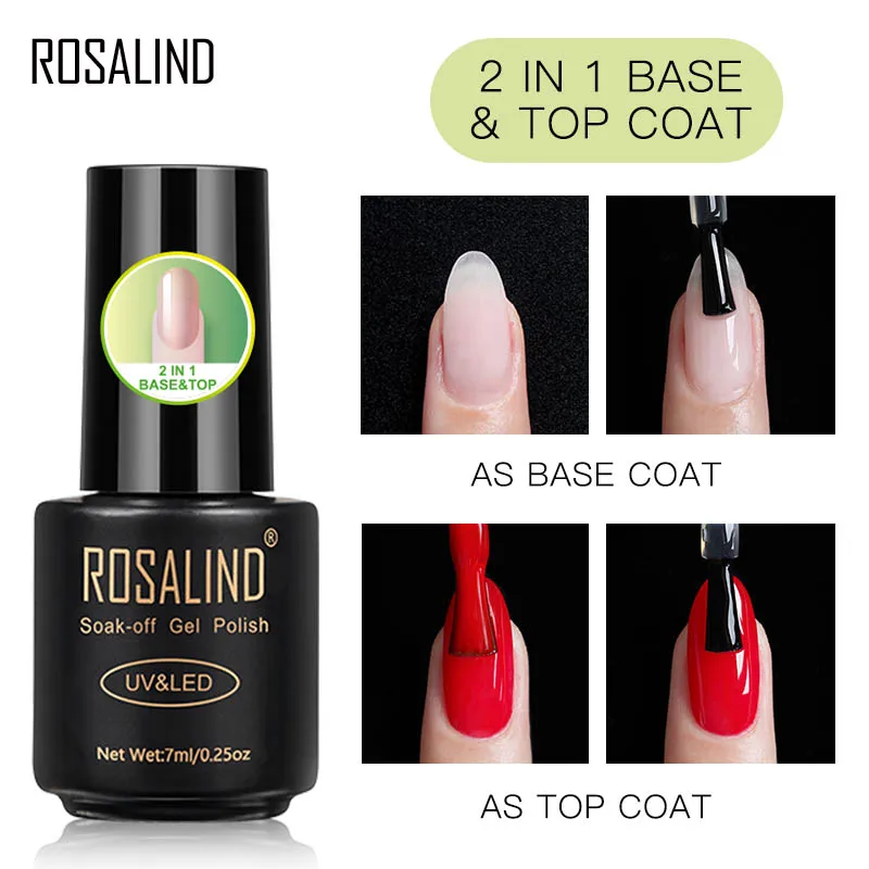 

ROSALIND 2 in 1 Base and Top Coat Nail UV LED Gel Base Top No Need of UV/LED Lamp Soak Off Gel Nail Polish for Nail Art