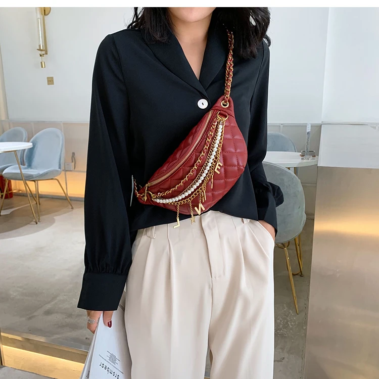 Small Bag Women New Fashion Korean Versatile Messenger Bag Pearl Chain Waist Bag Gold Letter Tassel Chest Bag Nightclub Bag