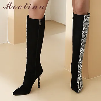 

Meotina Women Shoes Snake Print Super High Heel Knee-High Boots Pointed Toe Stiletto Heels Zip Fashion Lady Long Boots Winter 46