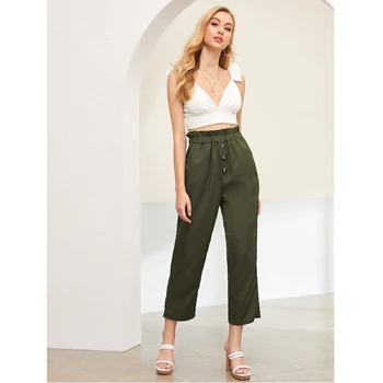 

New Hot Treny Women Summer High Waist Frill Waist Button Front Straight Leg Crop Pants