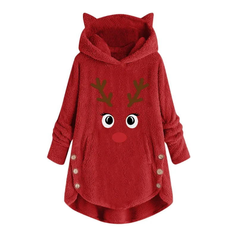 Рождественский пуловер с вышивкой оленя с капюшоном; зимний плюшевый Повседневный пуловер с капюшоном и кошачьими ушками; Необычные теплые толстовки