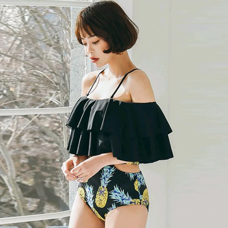 

Students Hipster Vacation Style Flounced Small Bust Underwire Push up Conservative Split Type High-waisted off-Shoulder Swimsuit