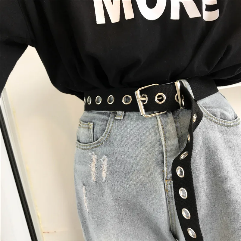 

Korean canvas belt long chic female Novelty openwork hip hop new Harajuku fashion solid color couple Ulzzang Unisex belts