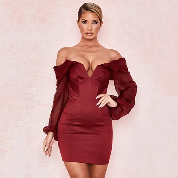 

2020 New Summer Women's Dress Off Shoulder Long Sleeve V-Neck Burgundy Mesh Mini Dress Sexy Bodycon Club Celebrity Party Dress