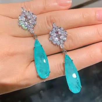 

Long Lab Gemstone Emerald paraiba tourmaline Earrings Silver 925 jewelry Fine jewelry wedding gift for women 2020 wholesale