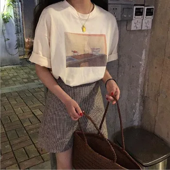 

Vintage Retro Print Women T shirt Spring Summer Short Sleeve O Neck Cotton Spandex T shirts Woman Casual Slim T-shirt Femme