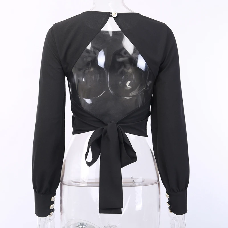 WannaThis блузка с низким вырезом на спине Woman2019 элегантная бандажная повязка с бантом Осенняя укороченная черная Дамская блузка для вечеринок